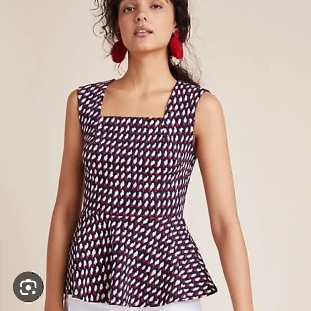 ERI + ALI RED WHITE & BLUE DESIGN PRINT SLEEVELESS SQUARE NECK PEPLUM TOP XS